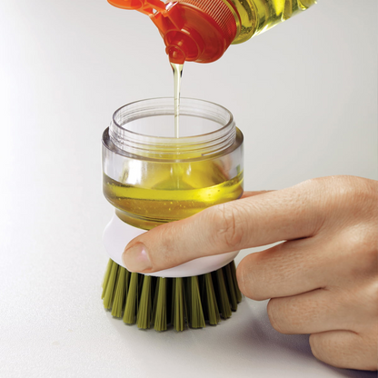 Refillable Soap-Dispensing Dish Brush with Non-Scratch Bristles and Draining Stand