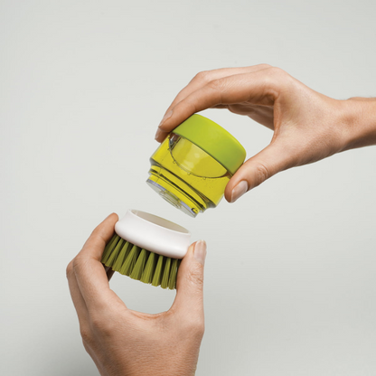 Refillable Soap-Dispensing Dish Brush with Non-Scratch Bristles and Draining Stand