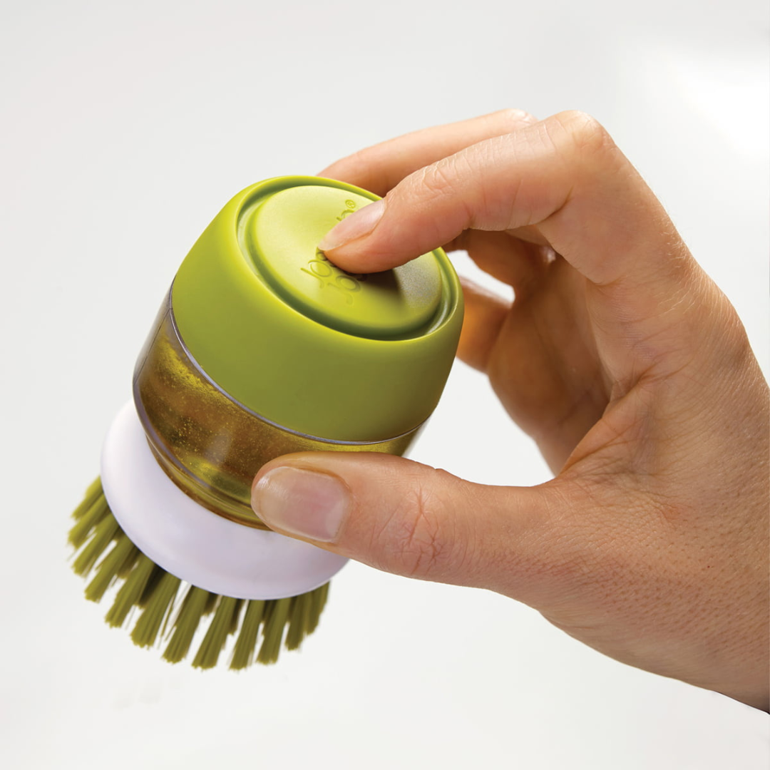 Refillable Soap-Dispensing Dish Brush with Non-Scratch Bristles and Draining Stand