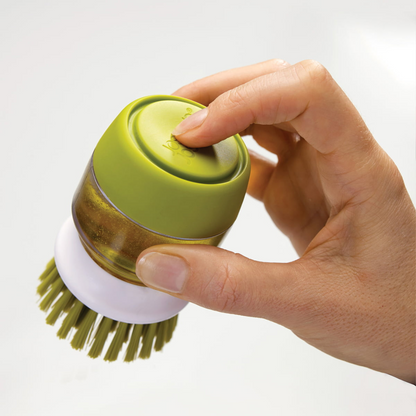 Refillable Soap-Dispensing Dish Brush with Non-Scratch Bristles and Draining Stand