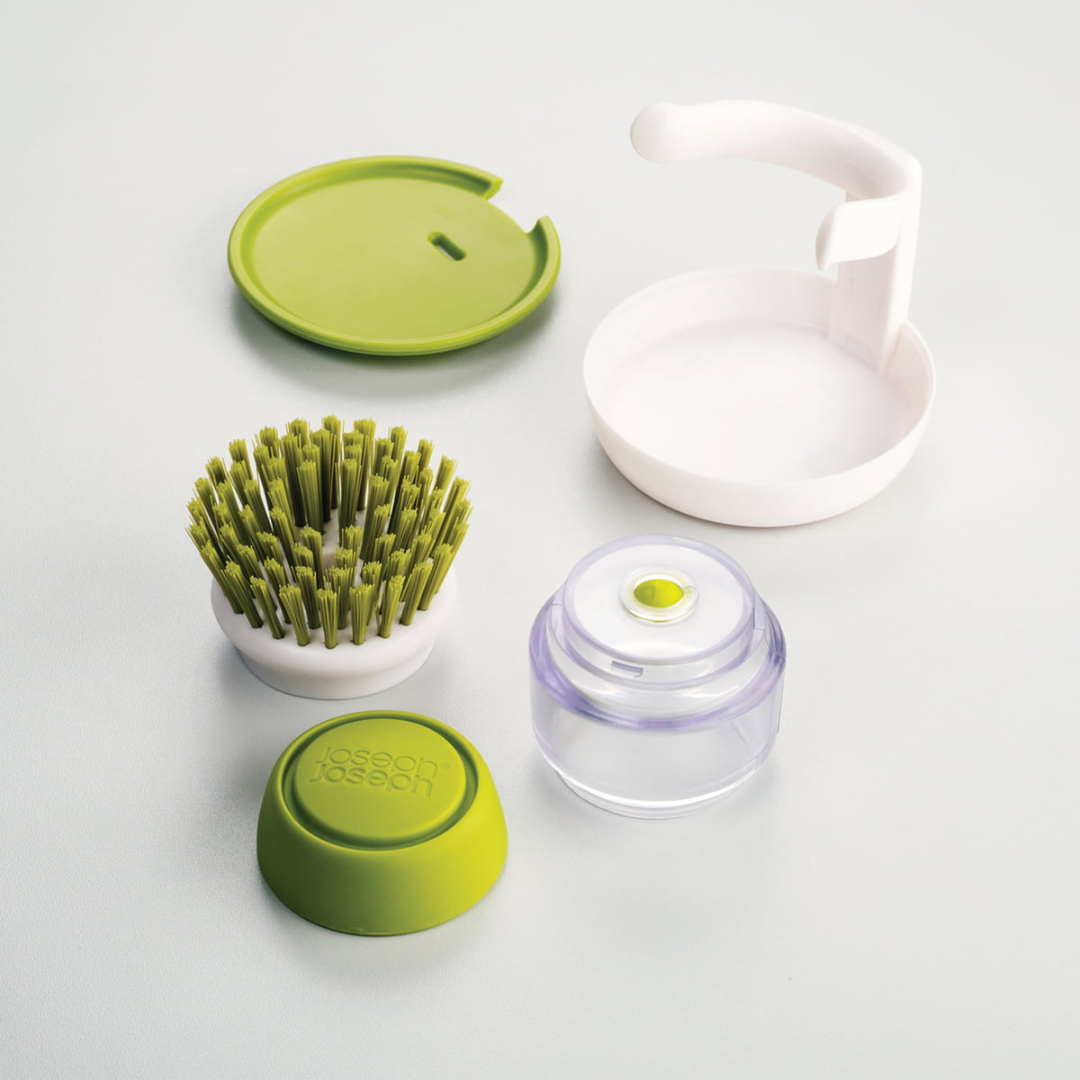 Refillable Soap-Dispensing Dish Brush with Non-Scratch Bristles and Draining Stand