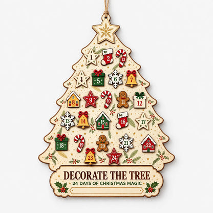 Reusable Hanging Wooden Advent Calendar – Tree-Shaped Wall Calendar with 24 Wooden Ornaments, 30 x 26 cm