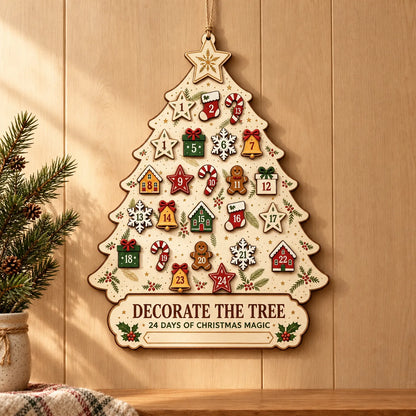 Reusable Hanging Wooden Advent Calendar – Tree-Shaped Wall Calendar with 24 Wooden Ornaments, 30 x 26 cm