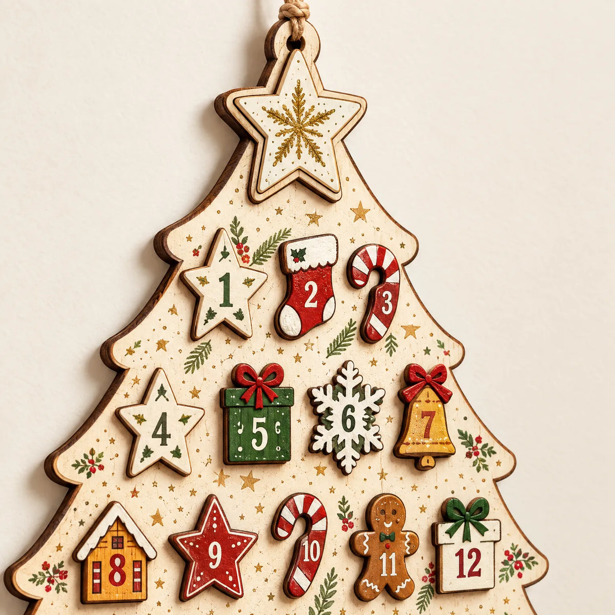 Reusable Hanging Wooden Advent Calendar – Tree-Shaped Wall Calendar with 24 Wooden Ornaments, 30 x 26 cm
