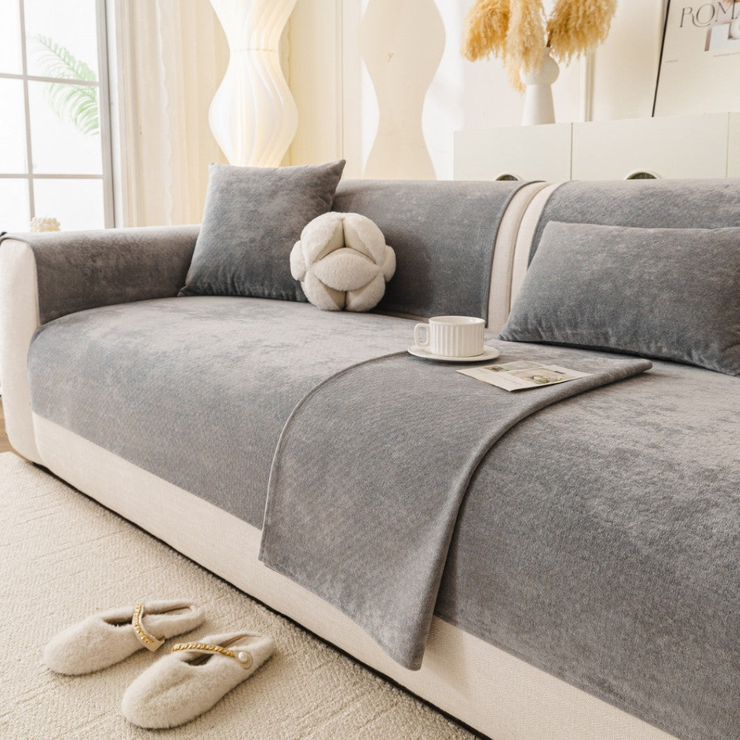 Reversible Stretch Fitted Sofa Cover with Non-Slip Backing and Plush Microfleece
