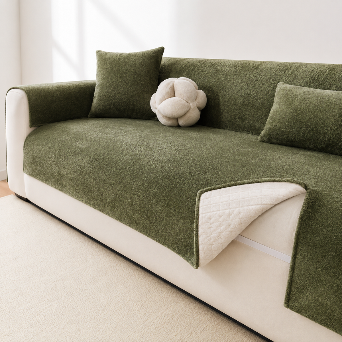 Reversible Stretch Fitted Sofa Cover with Non-Slip Backing and Plush Microfleece