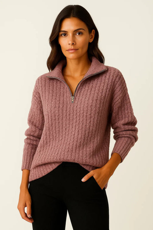Ribbed Half-Zip High-Neck Sweater