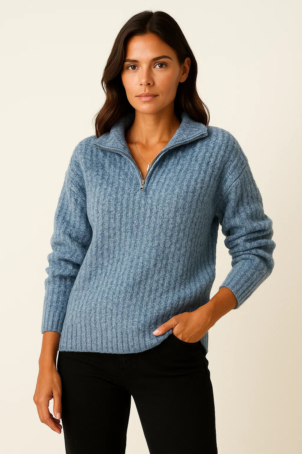 Ribbed Half-Zip High-Neck Sweater