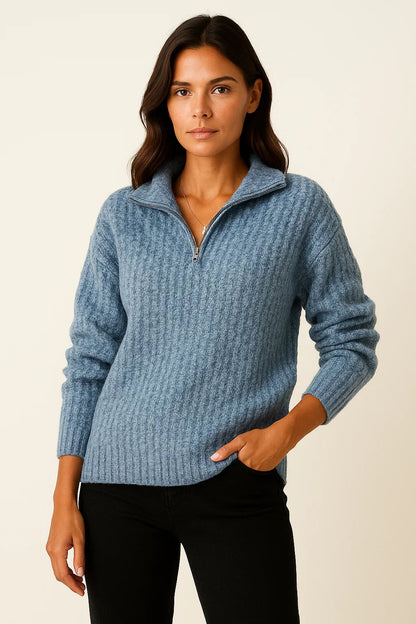 Ribbed Half-Zip High-Neck Sweater