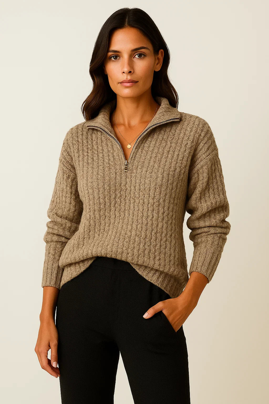 Ribbed Half-Zip High-Neck Sweater