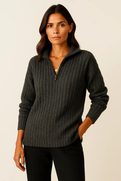 Ribbed Half-Zip High-Neck Sweater