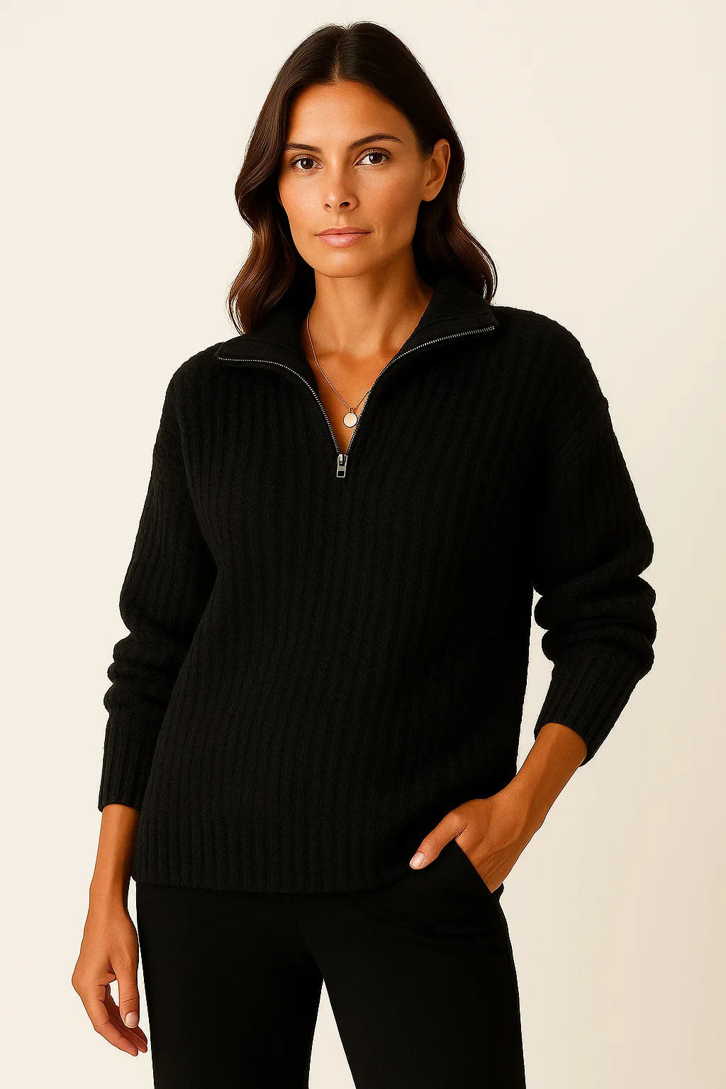 Ribbed Half-Zip High-Neck Sweater
