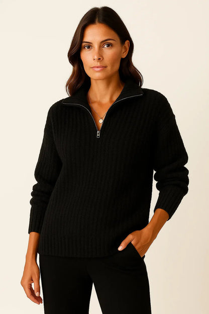 Ribbed Half-Zip High-Neck Sweater