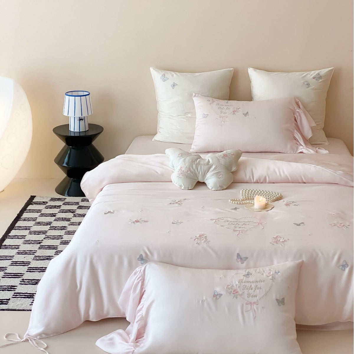 Romantic Satin Bedding Set with Embroidered Butterflies, Decorative Pillows, and Ruffles