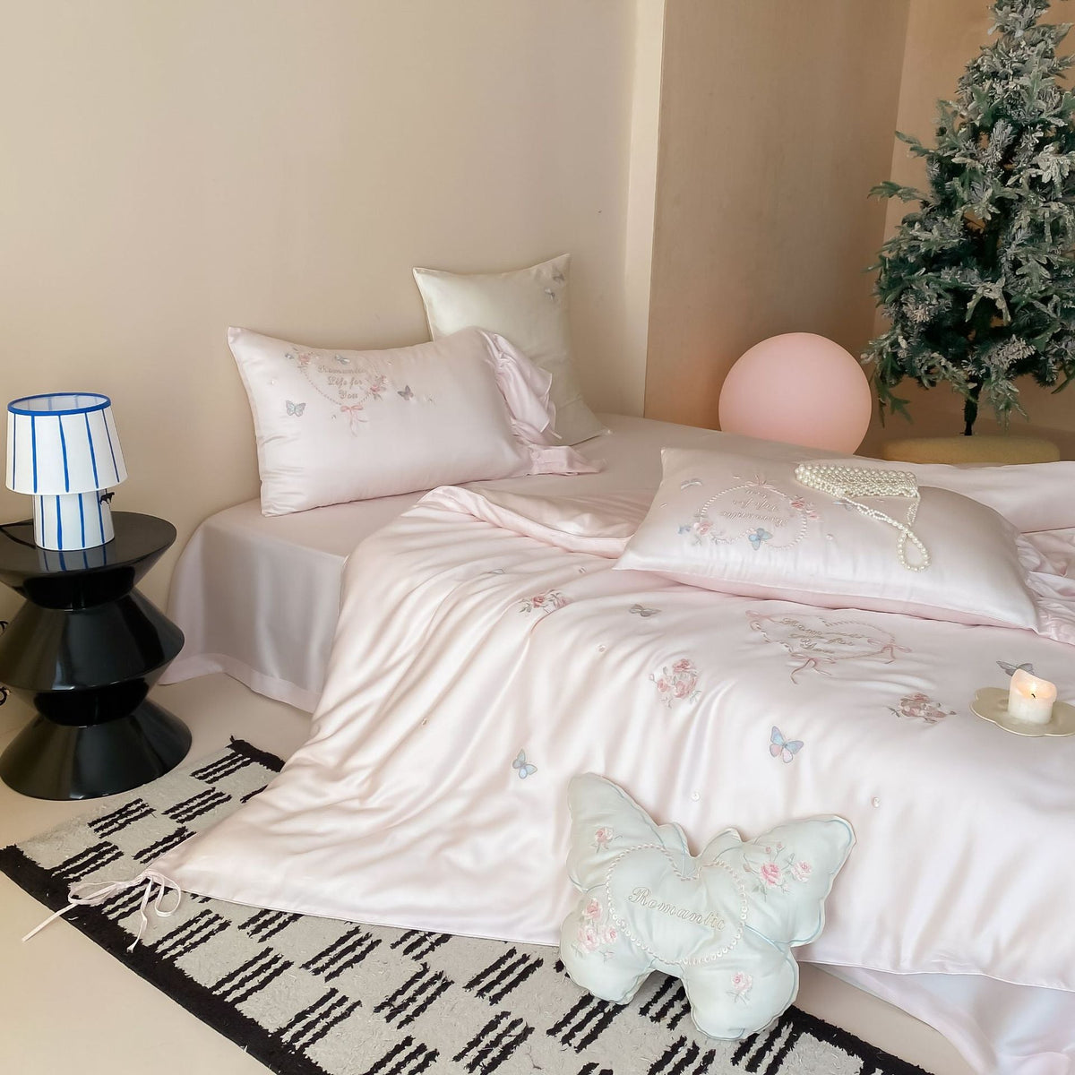 Romantic Satin Bedding Set with Embroidered Butterflies, Decorative Pillows, and Ruffles
