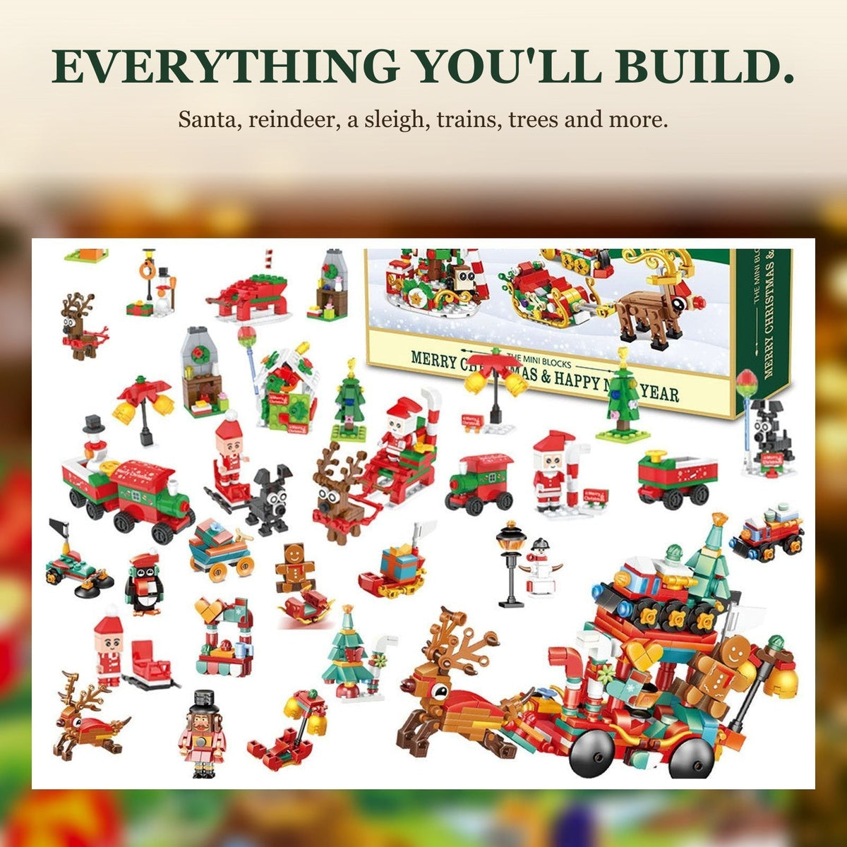 Santa's Sleigh Mini Block Advent Calendar, Christmas Village Brick Set