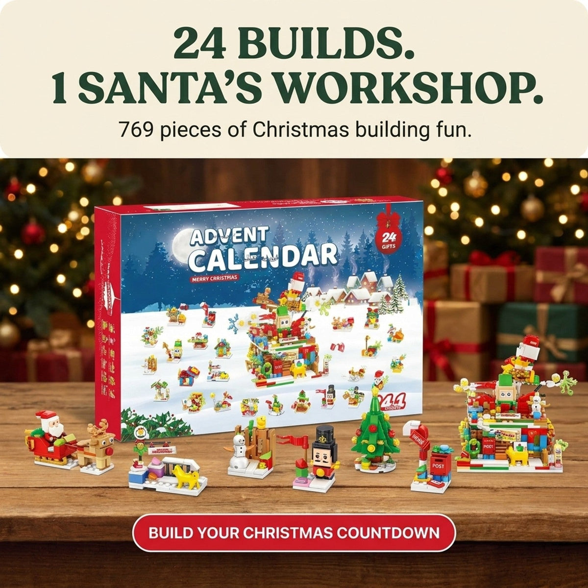 Santa's Workshop Advent Calendar, 24-in-1 Brick Builds, 769 Pieces