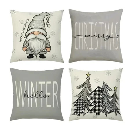 Set of 4 Christmas Square Throw Pillow Covers with Gnome Print and Hidden Zipper in Woven Microfibre