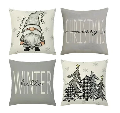 Set of 4 Christmas Square Throw Pillow Covers with Gnome Print and Hidden Zipper in Woven Microfibre