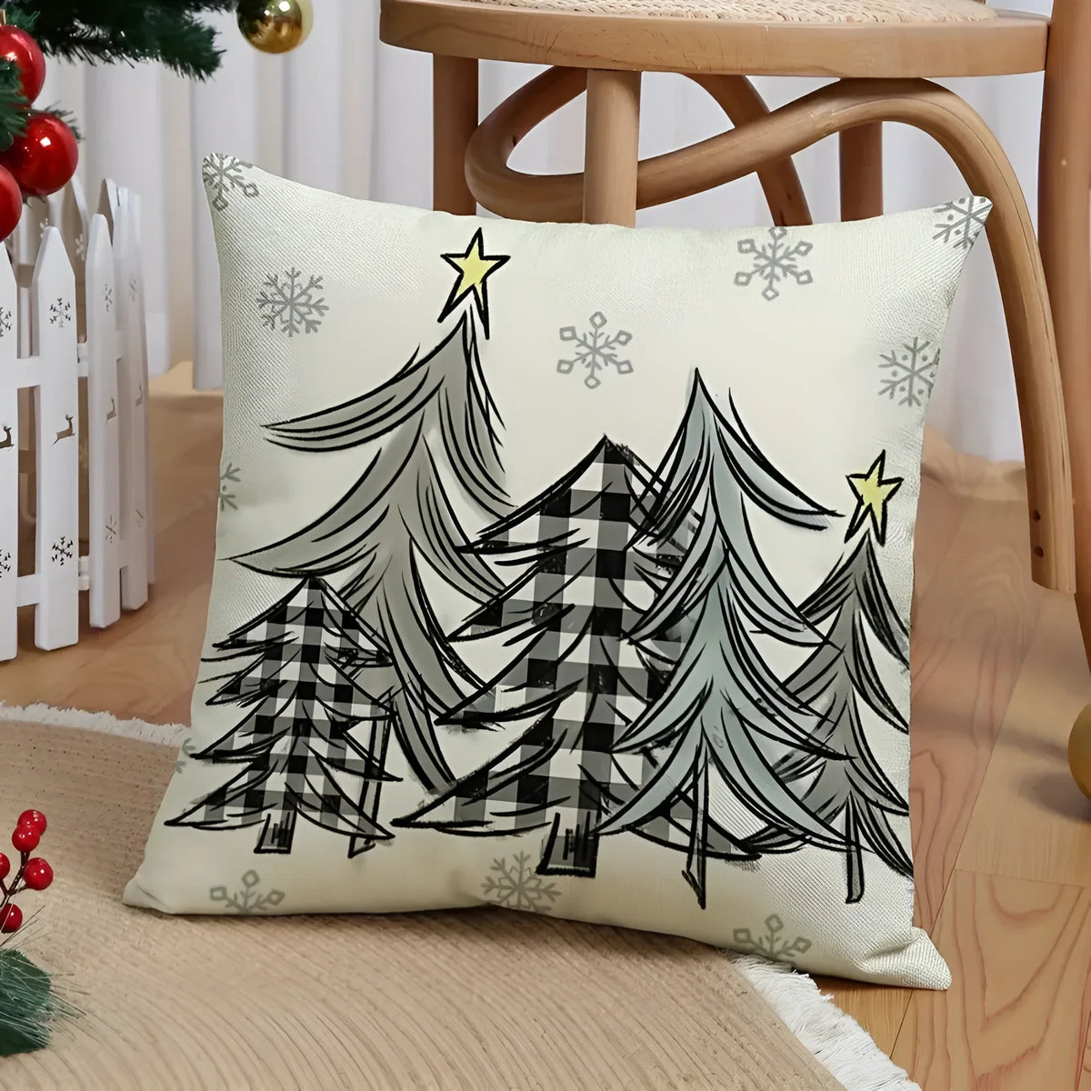 Set of 4 Christmas Square Throw Pillow Covers with Gnome Print and Hidden Zipper in Woven Microfibre