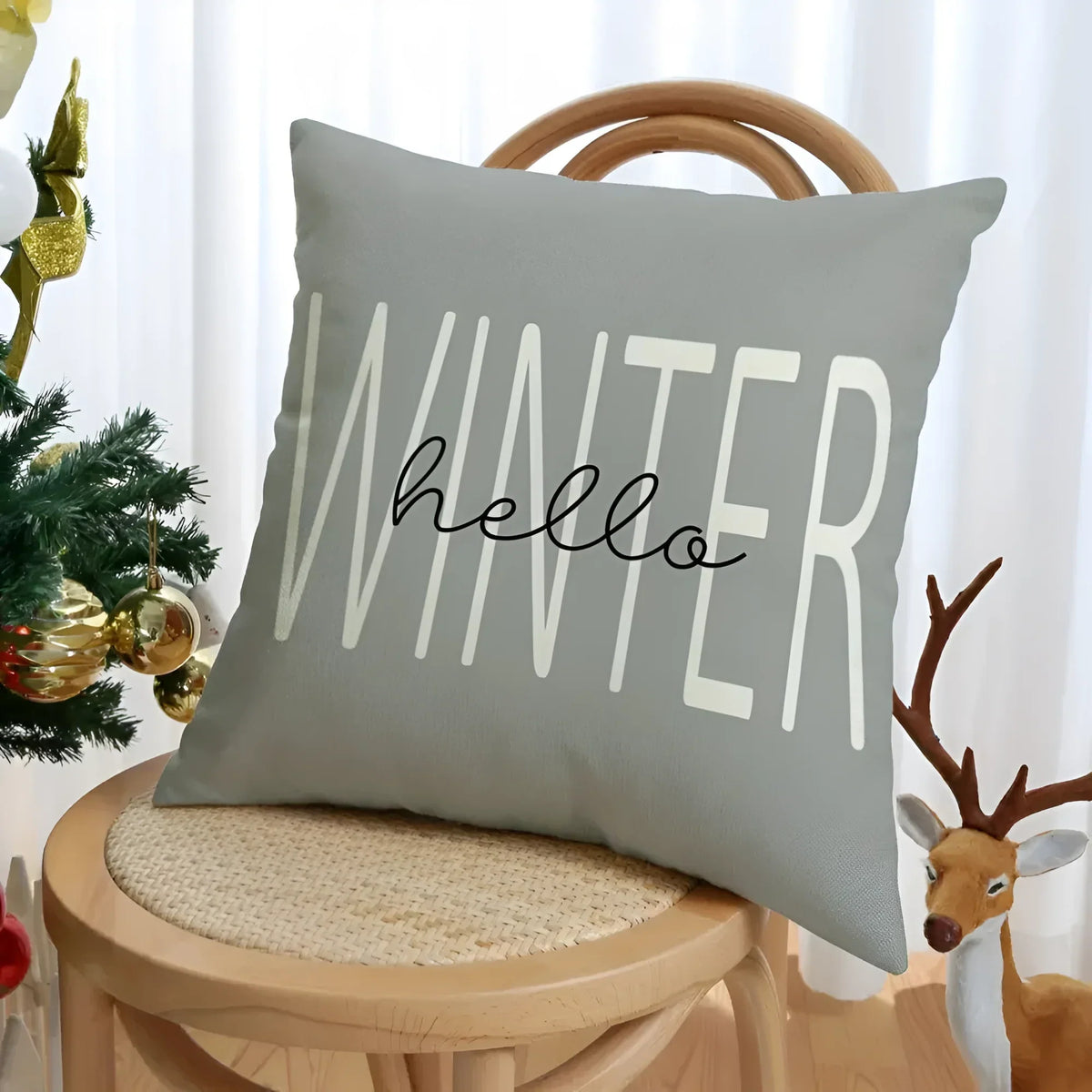 Set of 4 Christmas Square Throw Pillow Covers with Gnome Print and Hidden Zipper in Woven Microfibre