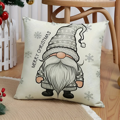 Set of 4 Christmas Square Throw Pillow Covers with Gnome Print and Hidden Zipper in Woven Microfibre