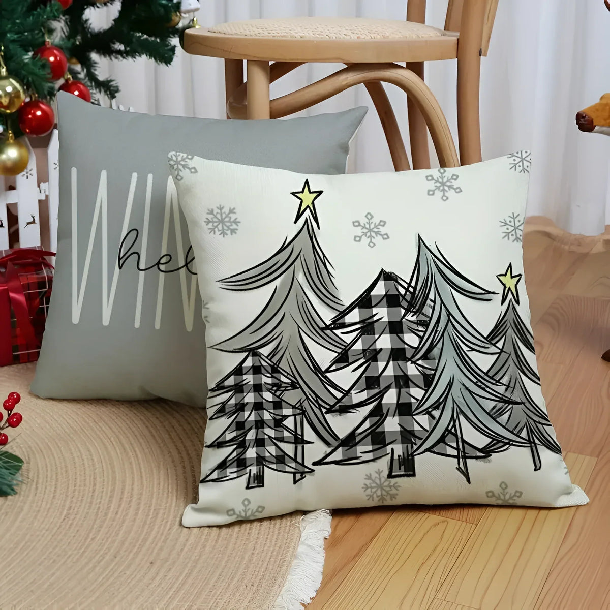 Set of 4 Christmas Square Throw Pillow Covers with Gnome Print and Hidden Zipper in Woven Microfibre