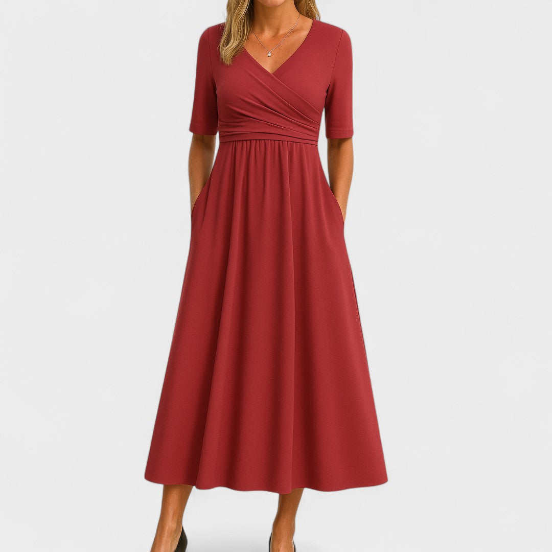 Image of Sheryl | Women's V-Neck A-Line Midi Dress