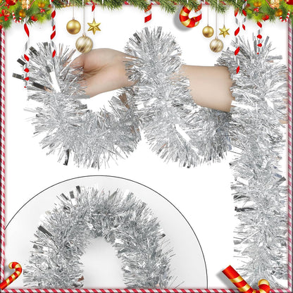 Silver Christmas Glitter Garland – 10 m Tinsel Garland for Christmas Tree, Mantel & Party