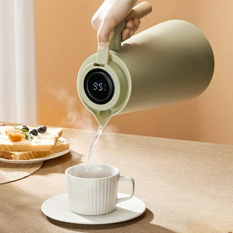 Smart Insulated Thermos Jug with Digital Temperature Display & Wooden Handle