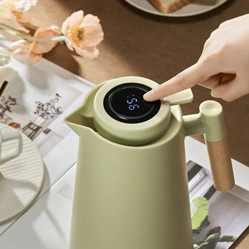 Smart Insulated Thermos Jug with Digital Temperature Display & Wooden Handle