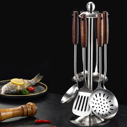 Stainless Steel Kitchen Utensil Set with Wooden Handles