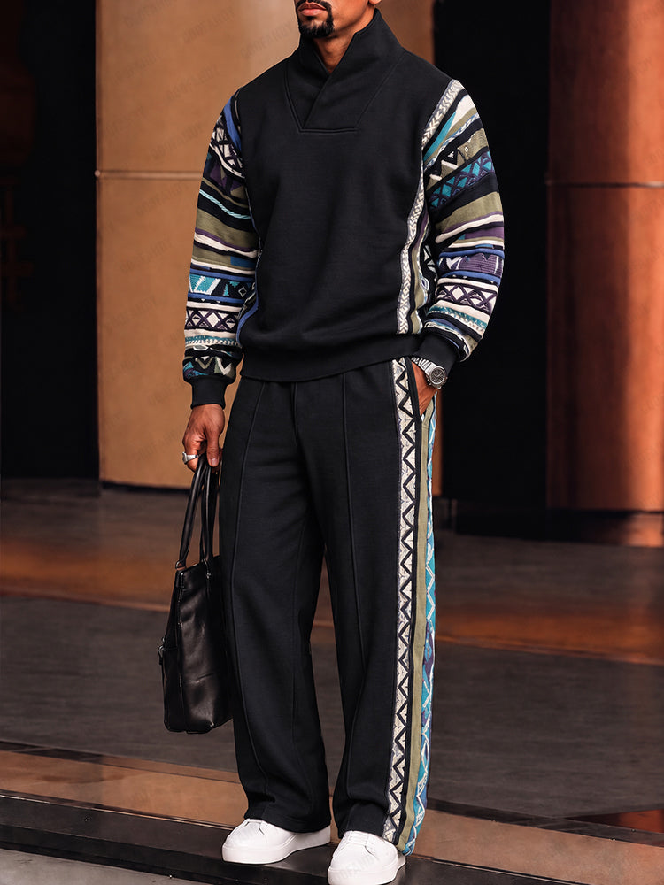 Stand Collar Matching Athleisure Set with Tribal Print Trim