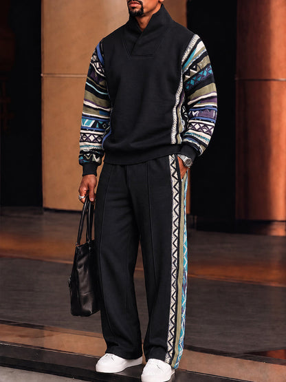 Stand Collar Matching Athleisure Set with Tribal Print Trim