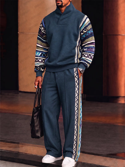 Stand Collar Matching Athleisure Set with Tribal Print Trim