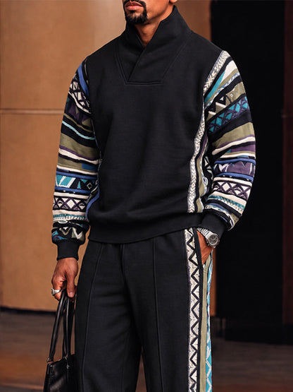 Stand Collar Matching Athleisure Set with Tribal Print Trim