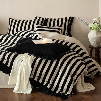 Striped Cotton-Linen Bedding Set with Ruffles and Pillowcases