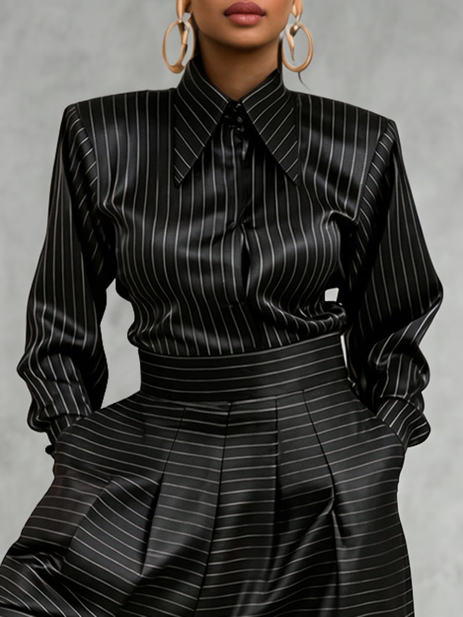 Striped Long-Sleeve Button-Up Lapel Shirt