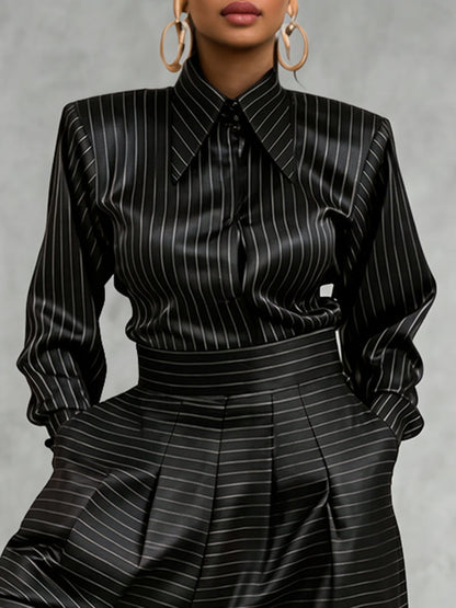 Striped Long-Sleeve Button-Up Lapel Shirt