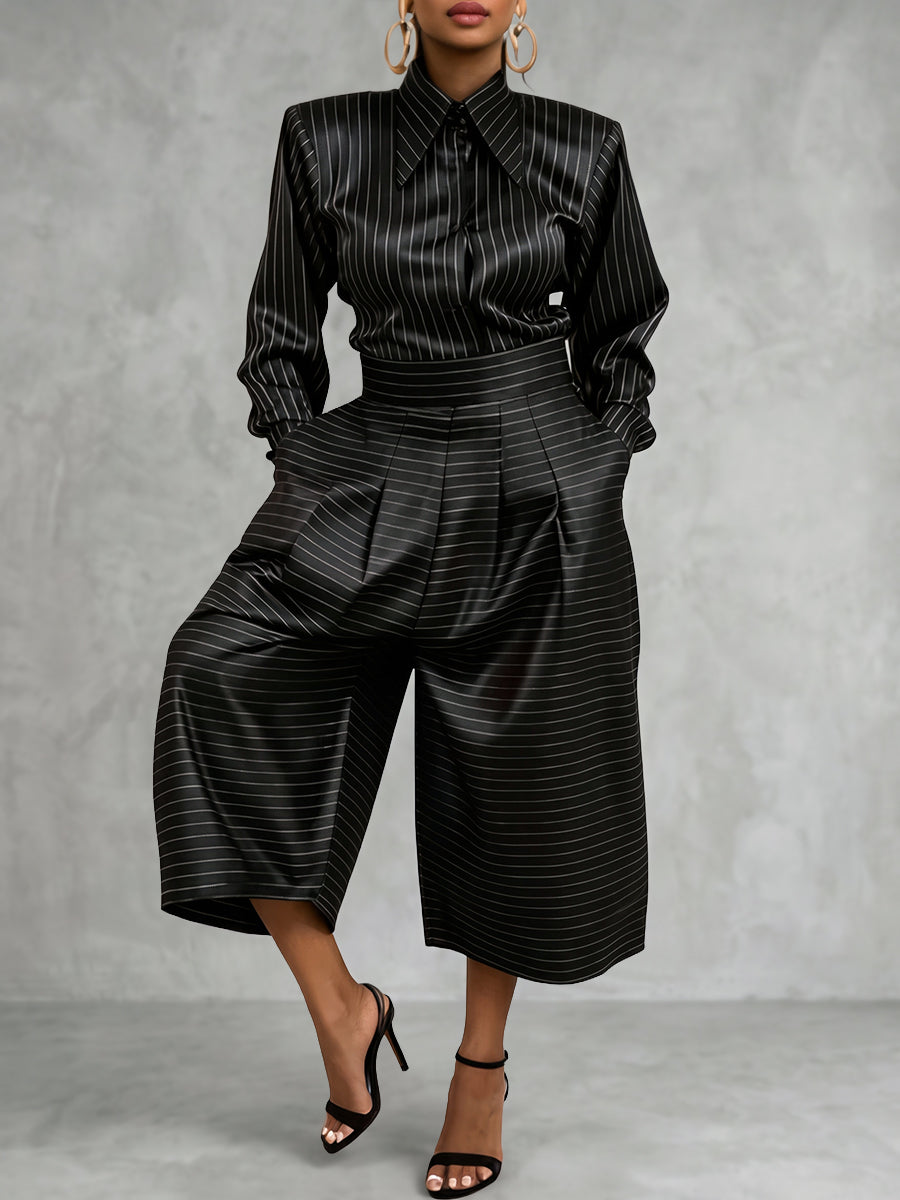 Striped Long-Sleeve Button-Up Lapel Shirt