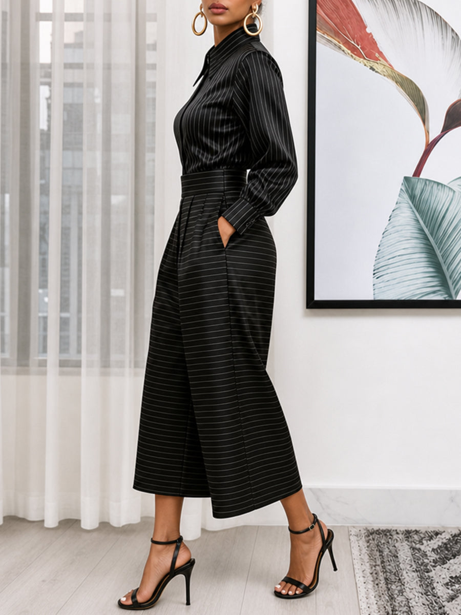 Striped Long-Sleeve Button-Up Lapel Shirt
