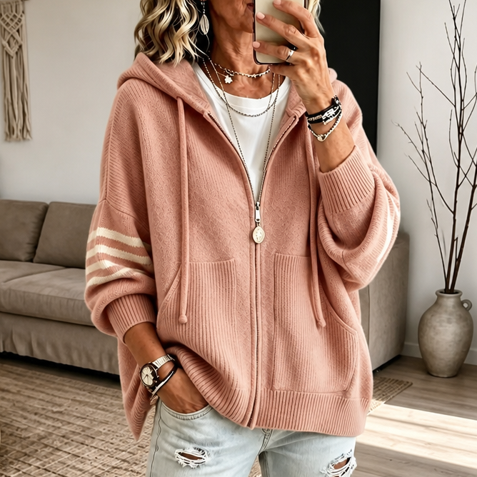 Striped-Sleeve Drop-Shoulder Zip Hoodie