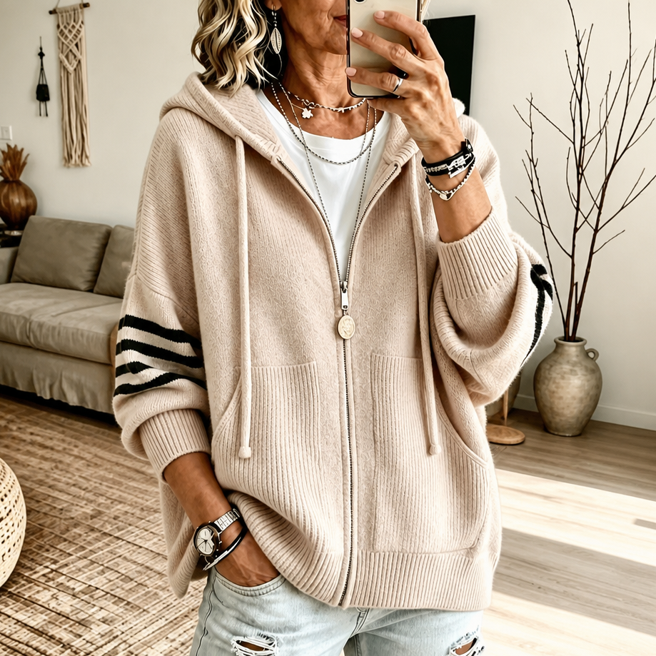 Striped-Sleeve Drop-Shoulder Zip Hoodie