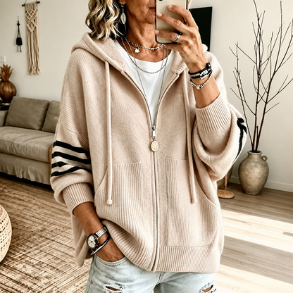 Striped-Sleeve Drop-Shoulder Zip Hoodie