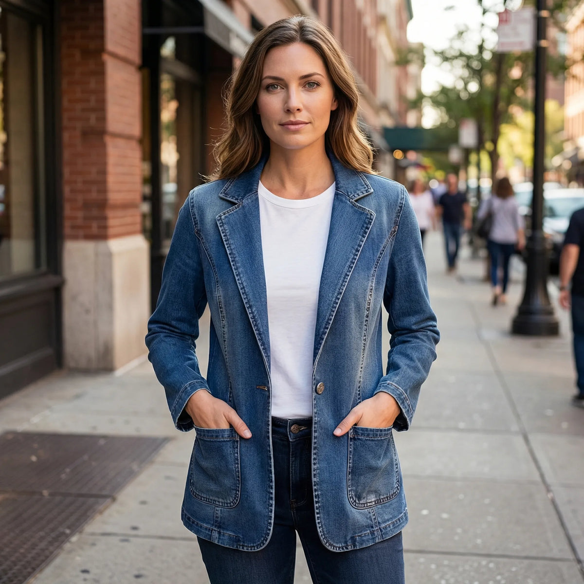 Structured Denim Blazer with Lapel Collar