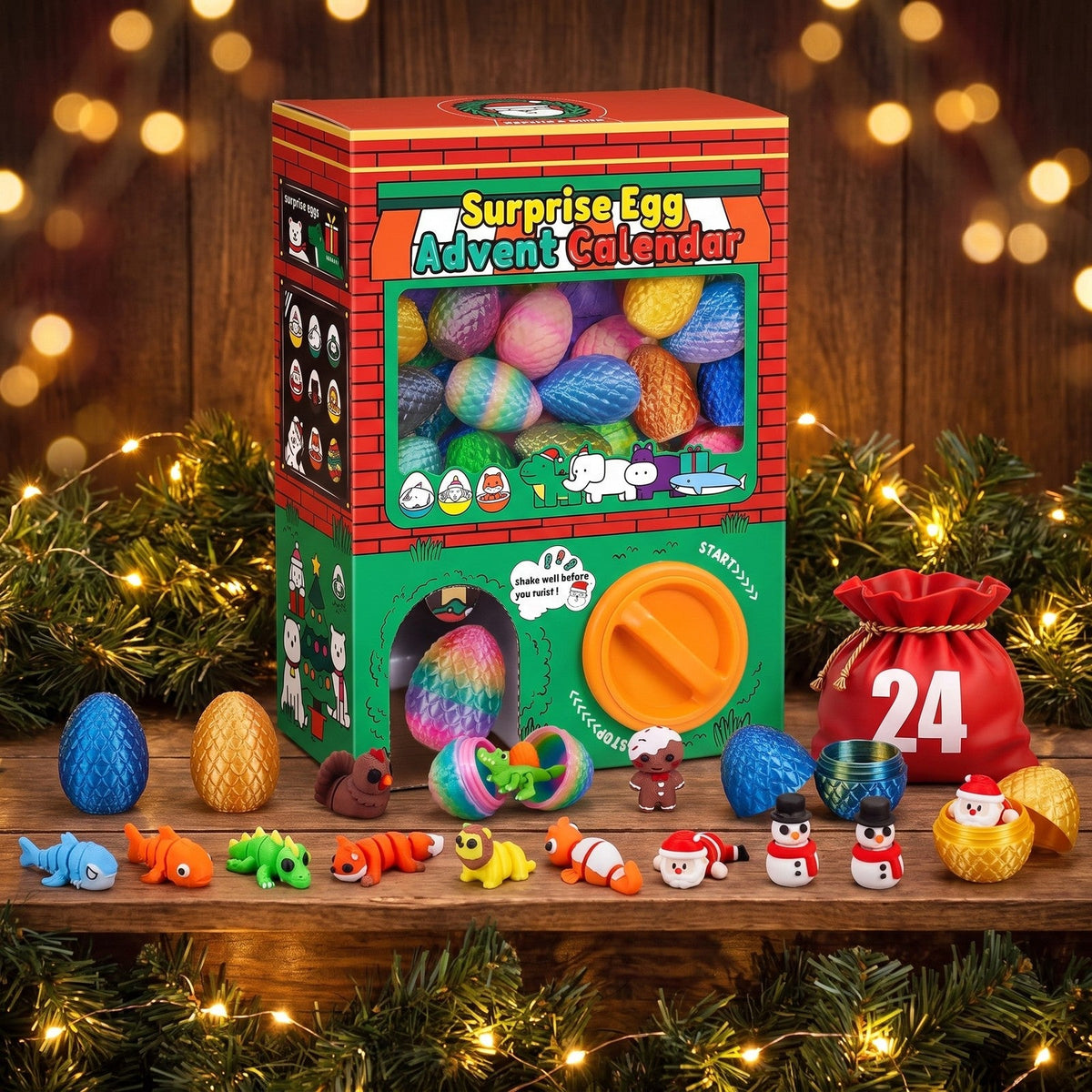 Surprise Egg Advent Calendar, 24 Eggs with Flexible 3D Printed Figures