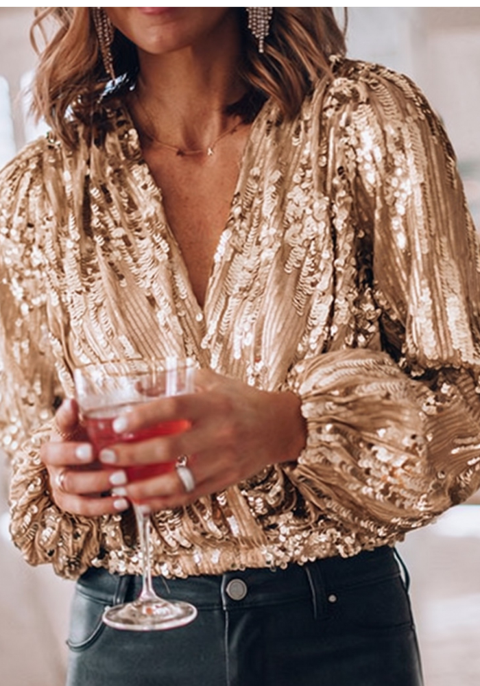 Susan | Women's Long Sleeve Sequin Wrap Blouse - Image 1