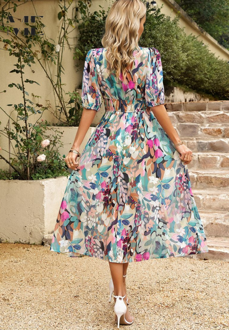 Image of Theresa | Women's V-Neck A-Line Midi Dress
