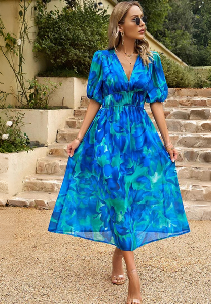 Image of Theresa | Women's V-Neck A-Line Midi Dress