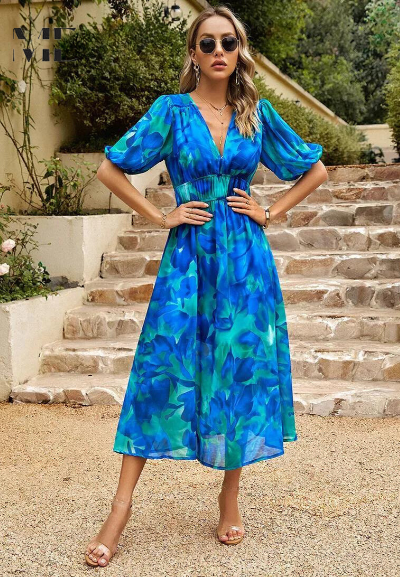 Image of Theresa | Women's V-Neck A-Line Midi Dress